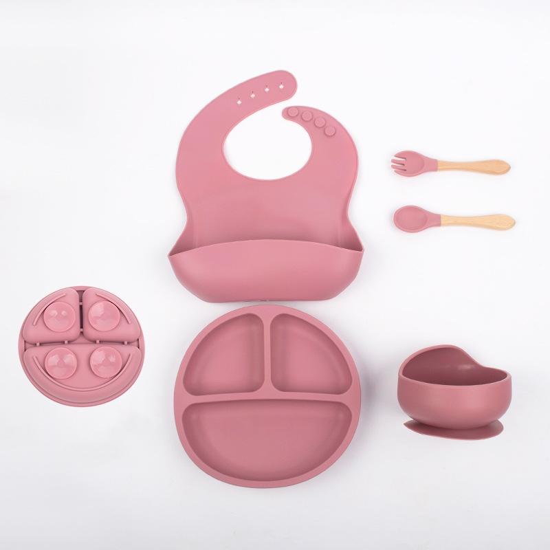 Children's Complementary Silicone Meal Plates, Bowls, Forks, Spoons, Bibs, Five Piece Tableware Set, Impact Resistant Meal Plates, Suction Cups