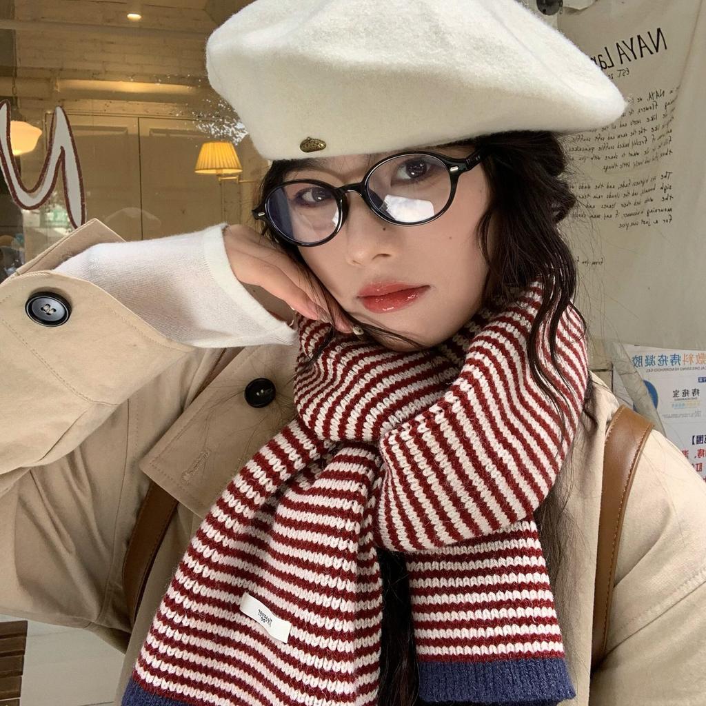 College style! Grandma Chen striped knitted scarf women's contrasting color splicing versatile warm student wool scarf