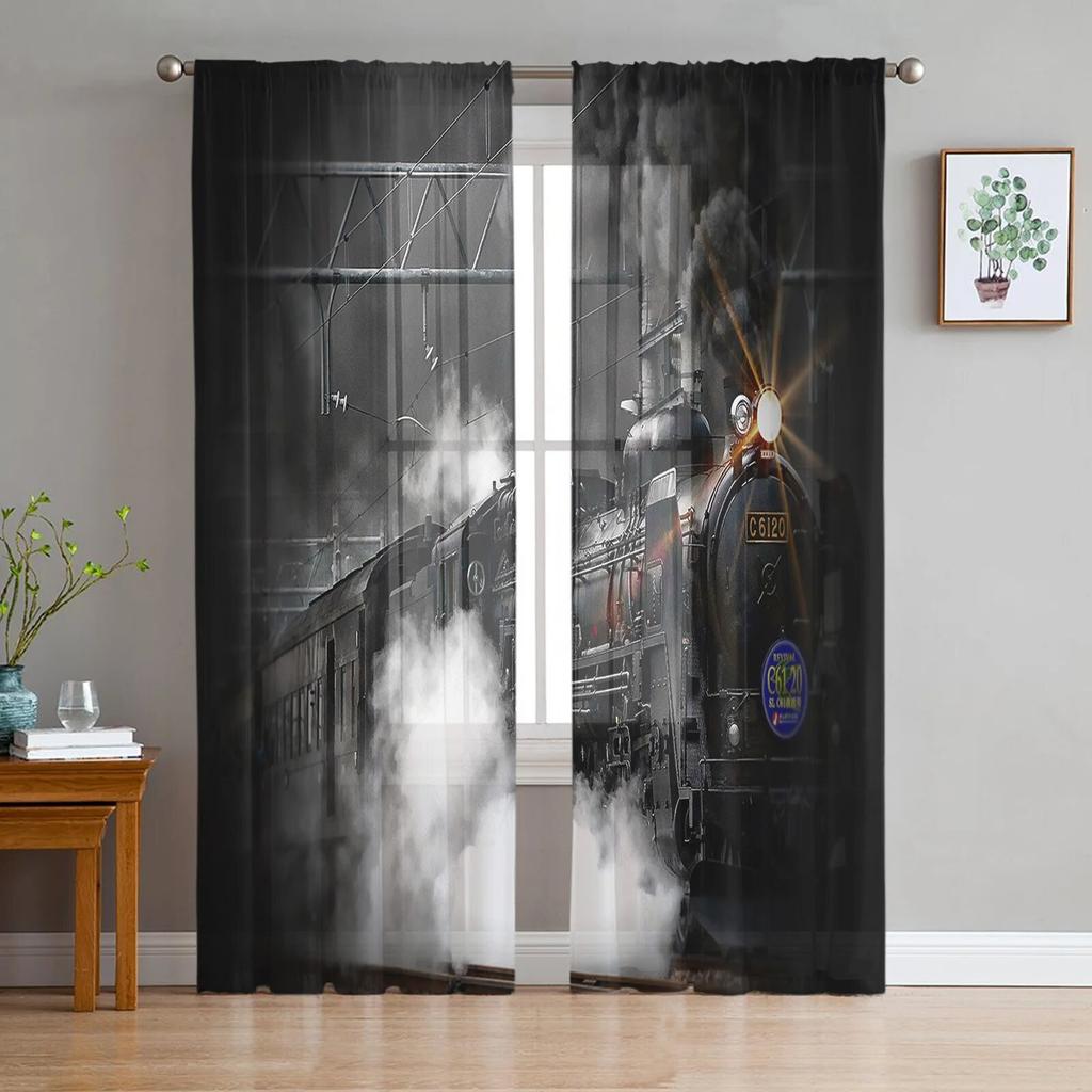 Train Railway Travel Tulle Sheer Curtains Modern Window Treatment for Kitchen Living Room Bedroom Decoration