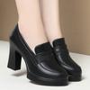 Fashion Fashion Comfortable Black Soft Leather Shoes Deep Mouth Spring 2024 Block Heels Shoes Women for Office Mom Model Versatile