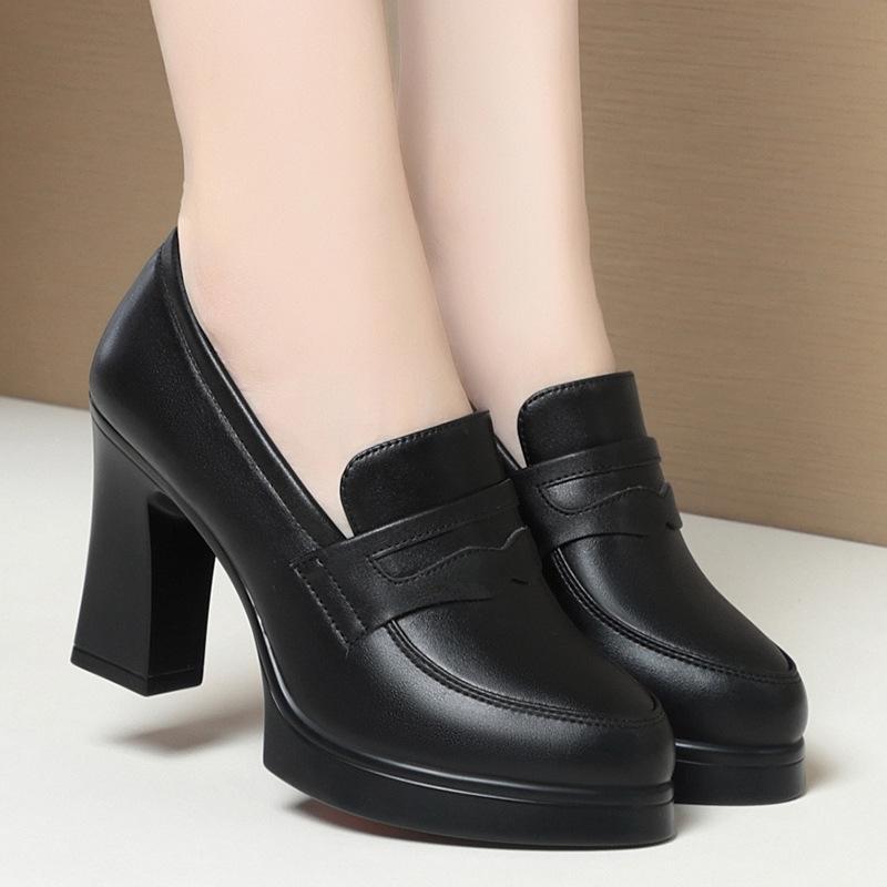 Fashion Fashion Comfortable Black Soft Leather Shoes Deep Mouth Spring 2024 Block Heels Shoes Women for Office Mom Model Versatile