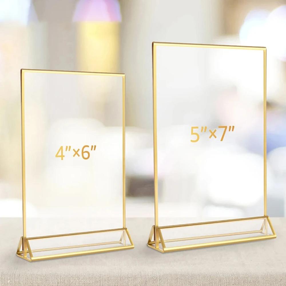 Transparent Acrylic Golden Sign Holder DIY Elegant Table Cards Picture Frame with Base Durable Menu Card Rack