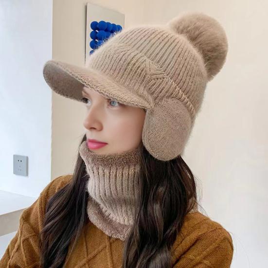 Knitting Hat Solid Color Plush Ball Decor Ear Protection Winter Hat Winter Thickened Warm Windproof Hat Headwear