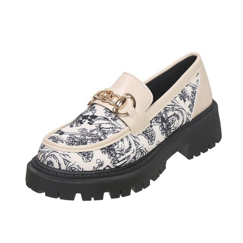 Hot Sale Shoes for Women Slip On Women' Pumps Autumn Round Toe Solid Metal Decoration Platform Mid Heel Water Proof Loafers