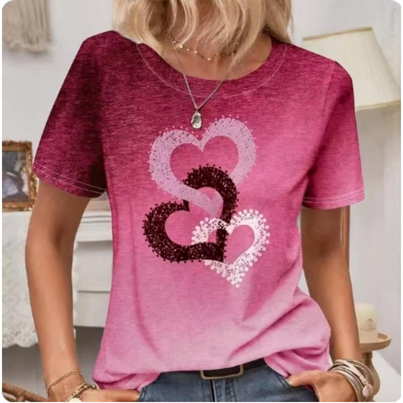 Women's Round Neck Short Sleeved T-shirt with Heart Pattern Top Women's Casual T-shirt Y2K Fashion Commuting Short Sleeved Shirt