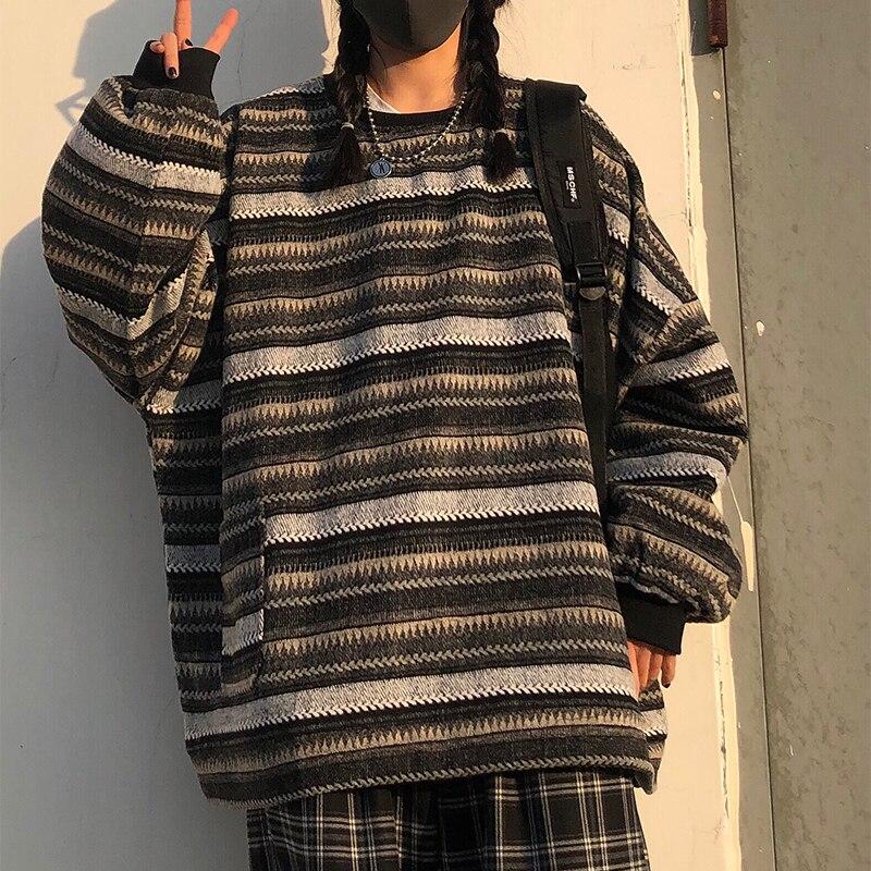 Casual Long Sleeve Knitted Sweaters Autumn Women Vintage Striped Pullovers Tops Winter Shirtsweat Hip Hop Loose Knitwears 28418