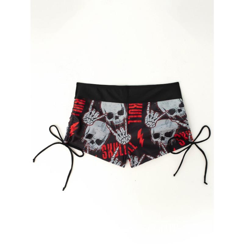 Costum de baie din două piese pentru femei cu imprimeu craniu - cu gât halter și pantaloni scurți tip boy cu talie înaltă - Îmbrăcăminte de plajă