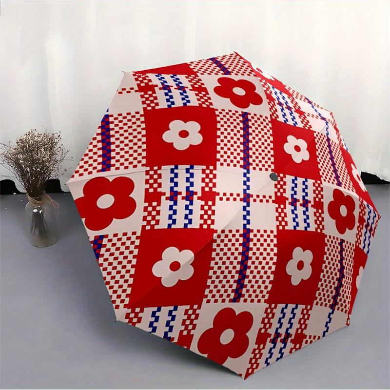 1pc Floral Checkered Automatic Folding Umbrella, 8-Rib Sturdy Canopy, Portable Travel Umbrella for Outdoor Use,112