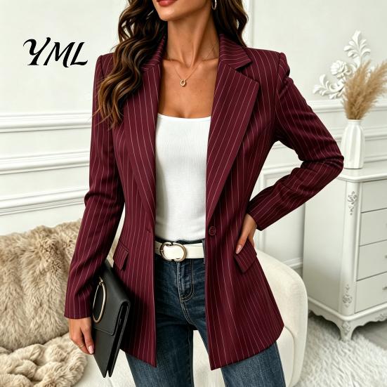Damen Arbeitsjacke Damen Gestreifter Blazer mit Einem Knopf, Atmungsaktive Business Casual Jacke, Langärmeliger Mantel mit Reverskragen für den Herbst