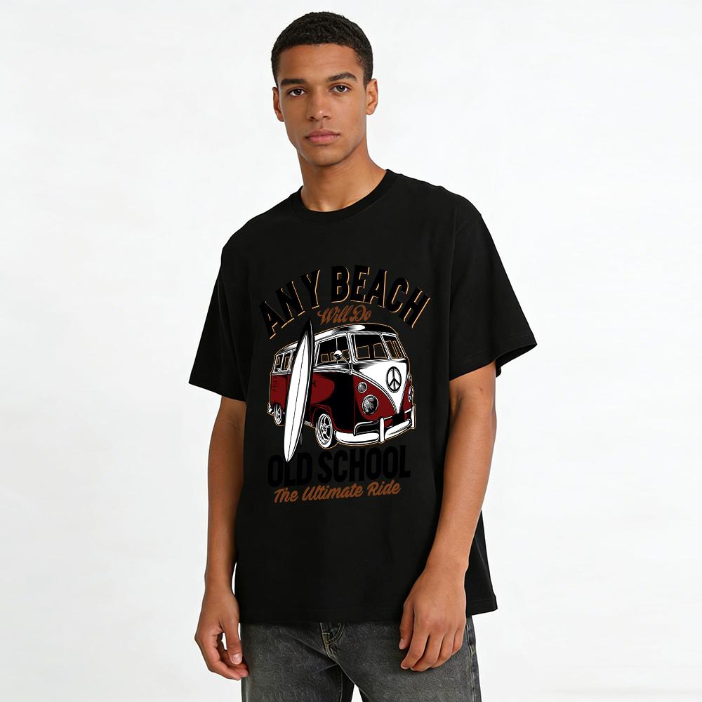 Old School Surf Bus Print Tee Any Beach Will Do Casual Top Pure cotton T-shirt