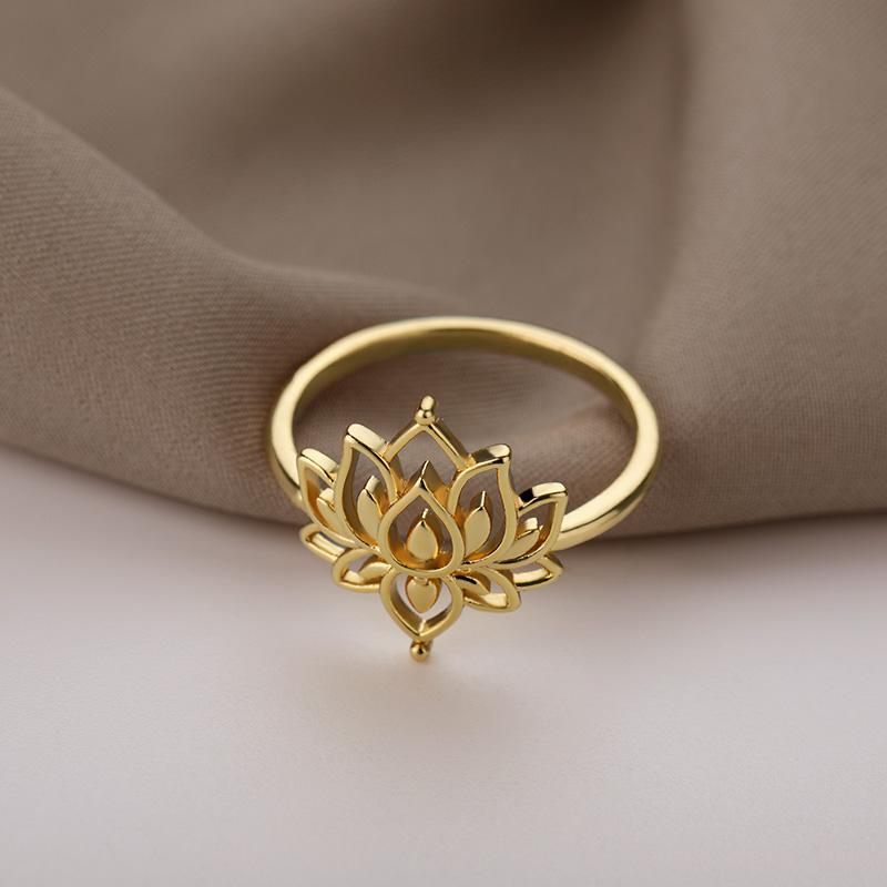 Stainless Steel Lotus Ring For Women Men Finger Ring Vintage Gold Color Wedding Couple Rings Jewelry Anniversary Gifts