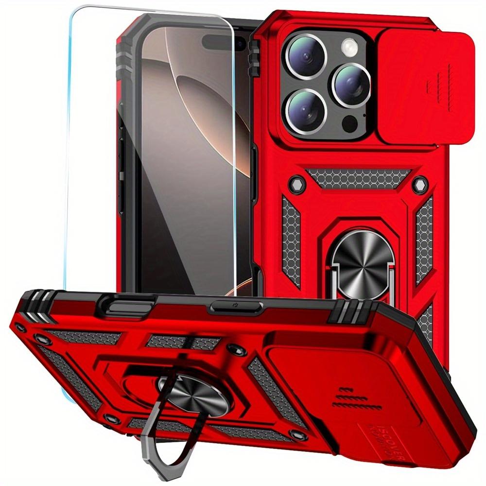 For iPhone 17 16 16e 15 Pro Max 14 Plus 13 12 11 Case Phone Bumper with Clear Tempered Glass Screen Protector Slide Camera Cover Ring Kickstand Holder