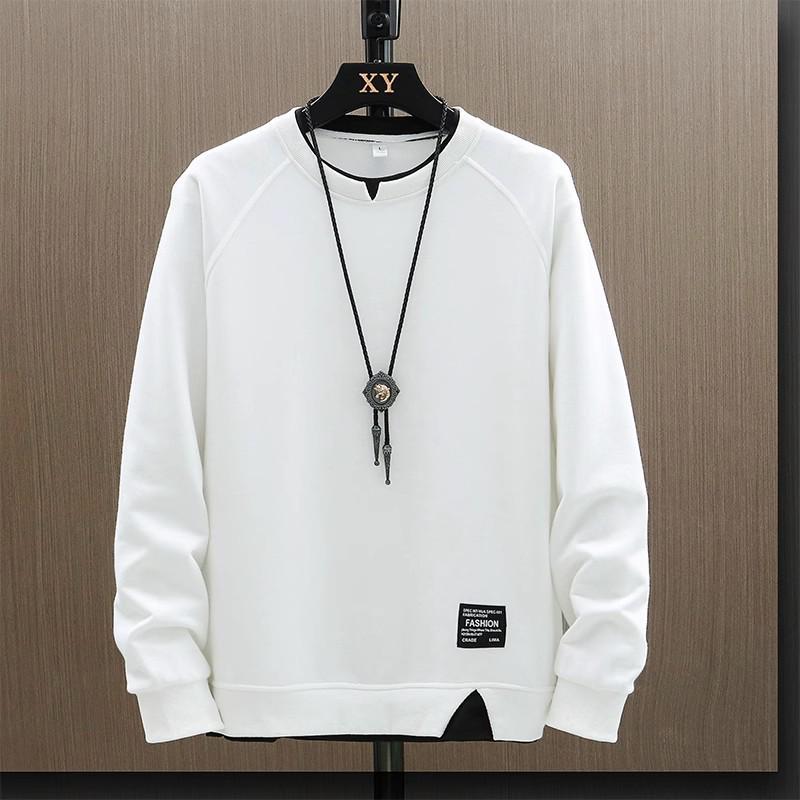 Trendy Men's Solid Color Round Neck Sweatshirt: Stylish, Comfortable, Loose Fit, and Fake Two-Piece Design for Autumn/Winter.