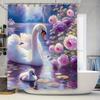 Swan Family Bath Shower Curtain Floral Design For Bathroom Decor Waterproof Fabric Printed In White Pink Purple Colors 180X245Cm