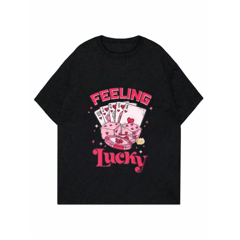 Lässiges T-Shirt Schwarz Feeling Lucky Poker Karten und Würfel Print Damen Top Party Casino Nacht Outfit