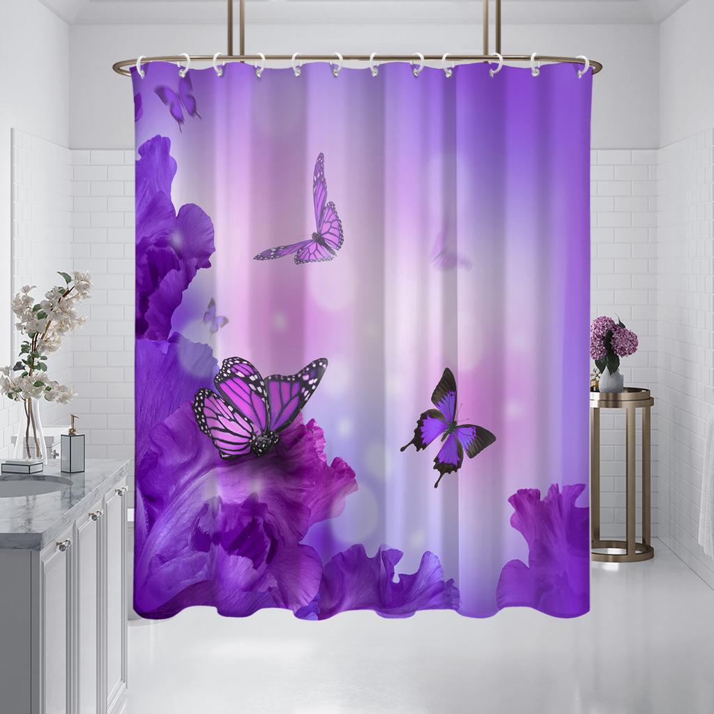 1 Stück 180X180Cm Lila Verträumter Schmetterling Blumenmuster Duschvorhang Trennwand, Badezimmer Wasserdicht Und Schimmelresistent