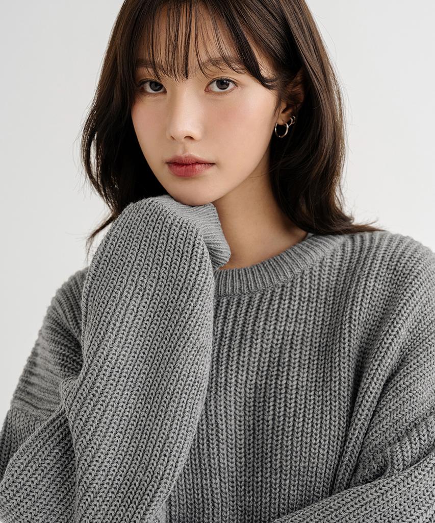 LEMAIN SECOND Oversized Voluminous Washable Crew Neck Hacci Knit [Gray]