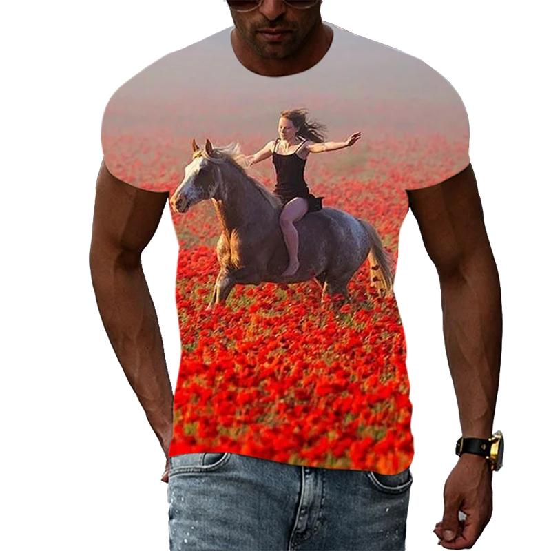 Yaz Erkekler Serin Tarzı At grafik t gömlek Moda Kişilik Hayvan Desen baskılı tişört Hip Hop Harajuku günlük t-shirt