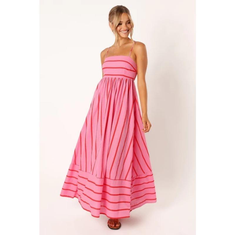 Women Striped Spaghetti Strap Maxi Dress With Empire Waist