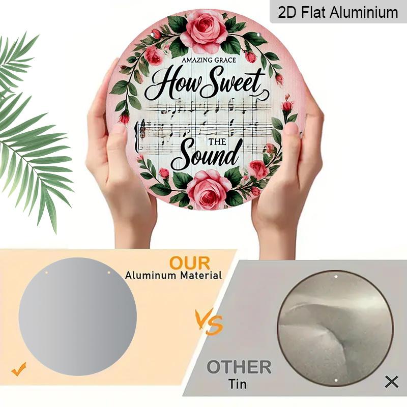 2D Flat, 1pc Vintage Circular Metal Sign, 8x8 in, Pink Floral Wreath & "How Sweet The Sound" Inspirational Quote - Aluminium Wall Decor for Home