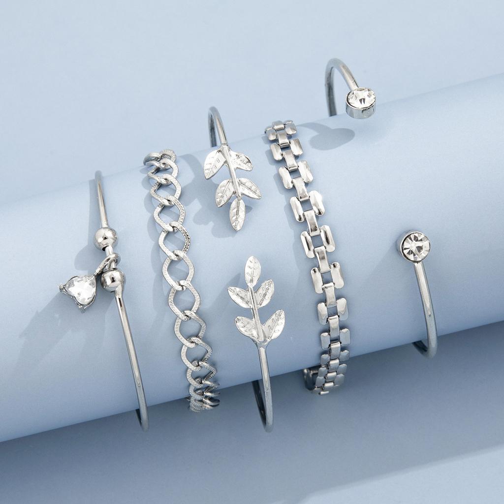 Bohemian Zilverkleurige Geometrische Schakelketting Armband Set Voor Vrouwen Kristallen Blad Open Manchet Armband Vrouwelijke Boho Sieraden Accessoire