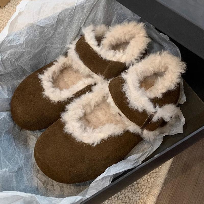 Suede Flats Women Mary Janes Shoes Fur Shallow Buckle Casual Cotton Shoes 2025 Trend Winter Short Plush Warm Mujer Zapatillas