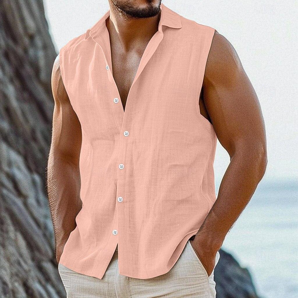 100% Cotton Liene Men's Sleeveless Shirts Summer Beach Fashion Casual Shirts