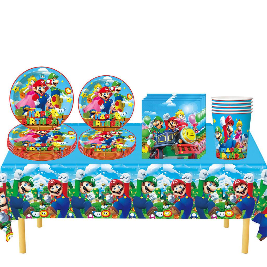 Super Mario verjaardagsfeest servies, decoraties, papieren borden en tafelkleed set voor kinderfeestjes.