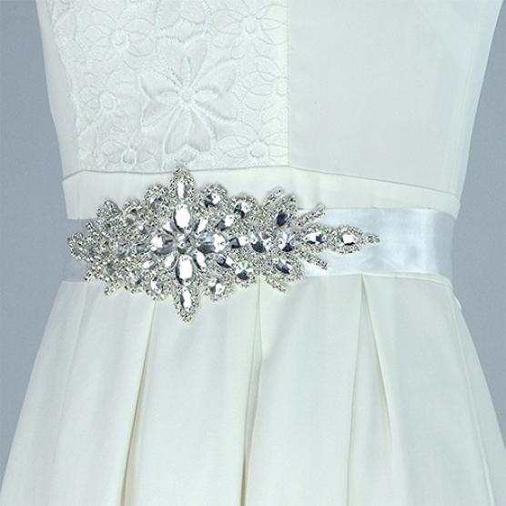 Rhinestone Bridal Sash Waist Belt with White Satin Ribbon for Wedding Dress ADM