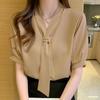 VONDA Summer Women Short Sleeve Tie Up Casual Office Blouse Shirts