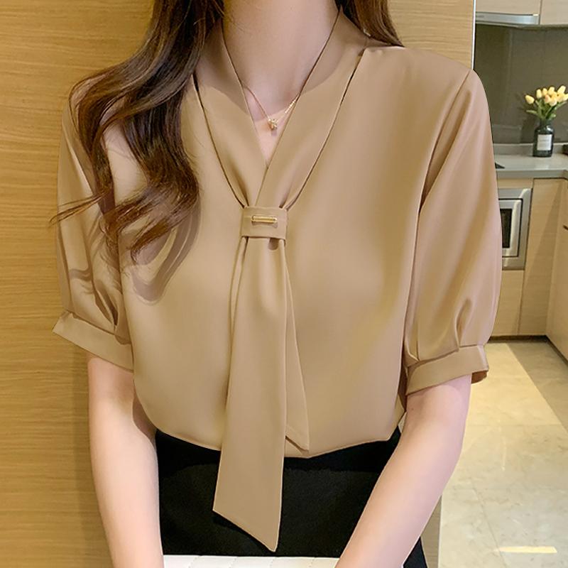 VONDA Summer Women Short Sleeve Tie Up Casual Office Blouse Shirts