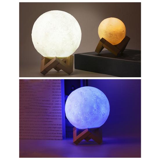 Mondlampe mit Holzsockel, 16 RGB-Farben, Design mit Berührungssensor, wiederaufladbar, 3D-Mond-Nachtlicht, Schlafzimmerdekor