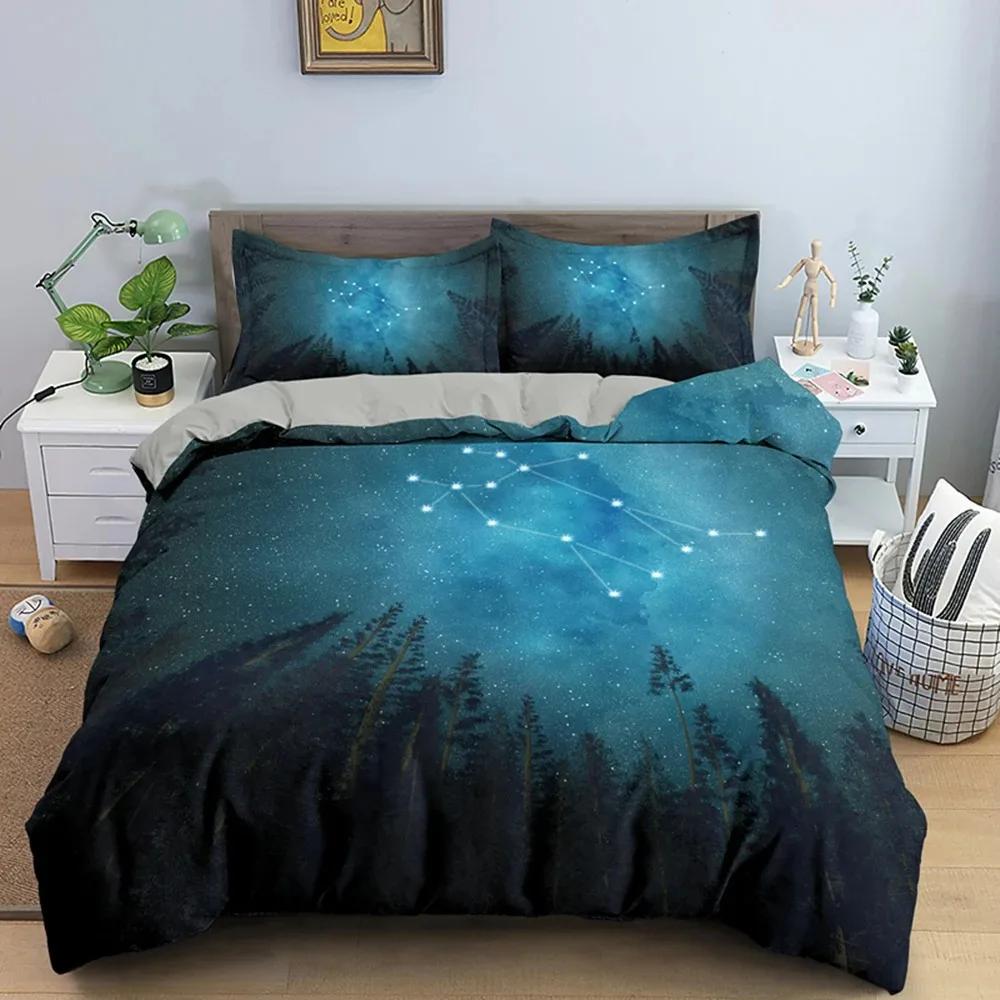 Starry Sky Night Duvet Cover Set Full Queen Size,Cute Star Bedding Sets Black Galaxy Comforter Cover Set with Pillowcases