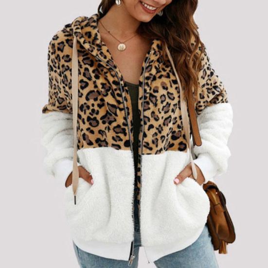 Coat Leopard Print Zip Up Plush Women Patchwork Fluffy Jacket for Dating