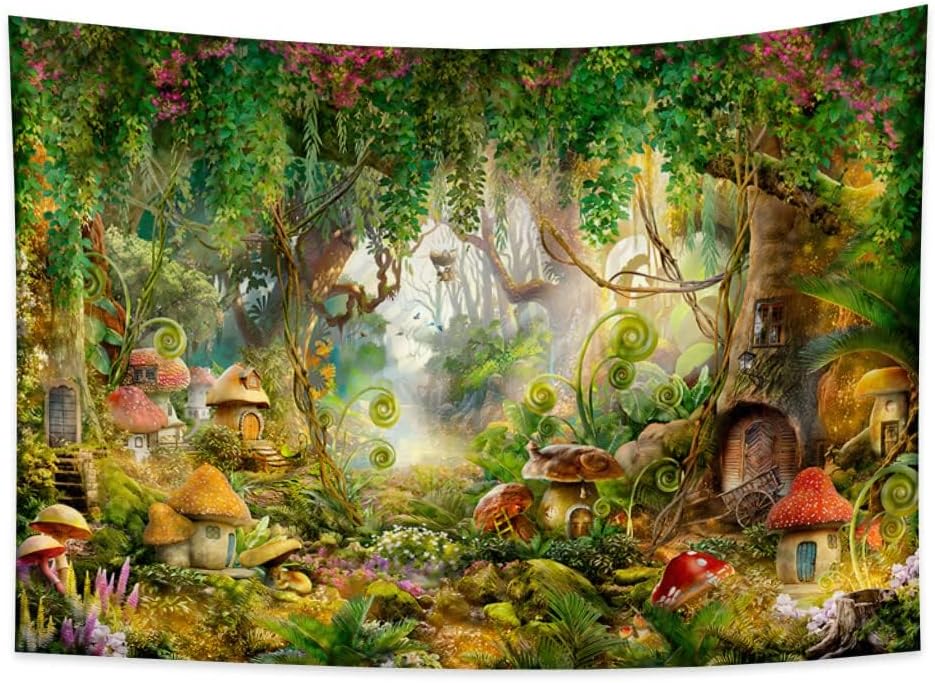Fantasy Wald Wandteppich Verzauberter Pilz Magischer Wandteppich Märchen Wunderland Baumhaus Wandteppiche Wandbehang Kunst Für Kinder