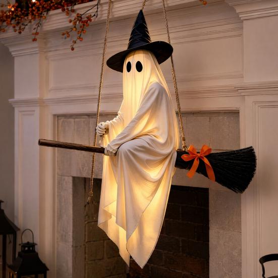 Halloween Hanging Ghost Outdoor Decoration, Spooky LED Light Up Witch Ghost On Broom for Home, Tree, Porch, Patio, Lawn, Garden, Party Decor