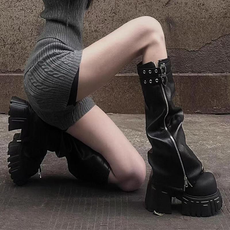 Platform Dames Hoge Laarzen Platte Schoenen Hoge Hakken Designer Schoenen Jurk Winter Pumps 2025 Nieuwe Goth Motor Laarzen Vrouw