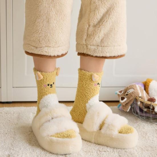 1 Pair Sleeping Socks Cartoon Animal Design Thickened Coral Velvet Warm Winter Socks Mid-Tube Non-Slip Indoor Winter Socks