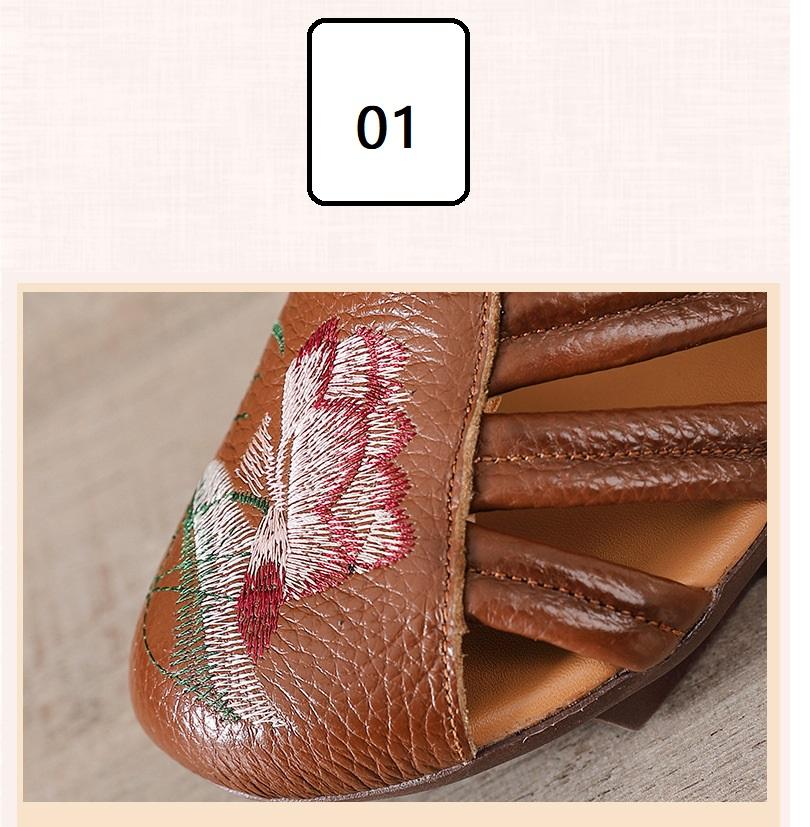 Fashion New mid heels sandals woman summer genuine leather shoes for women embroidered floral sandal retro heeled shoes hook loop pumps