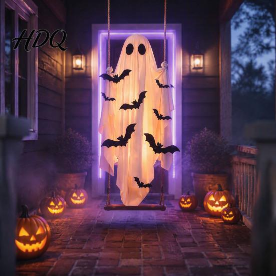 Halloween Atmosphere Set Large Hanging Swing Ghost Decoration Light Up Spooky Swinging Breathable Polyester with 3D Bats for Front Porch Yard,
