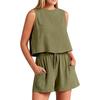 Women's Two-Piece Summer Linen Suit Sleeveless Round Neck Short Vest Wide Leg Casual Shorts Suit