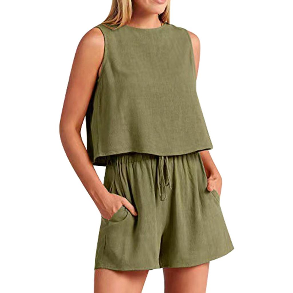 Women's Two-Piece Summer Linen Suit Sleeveless Round Neck Short Vest Wide Leg Casual Shorts Suit