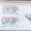10Pcs French Seaside 3D Hand Painted Ice Flower Cat Eye Press On Nails