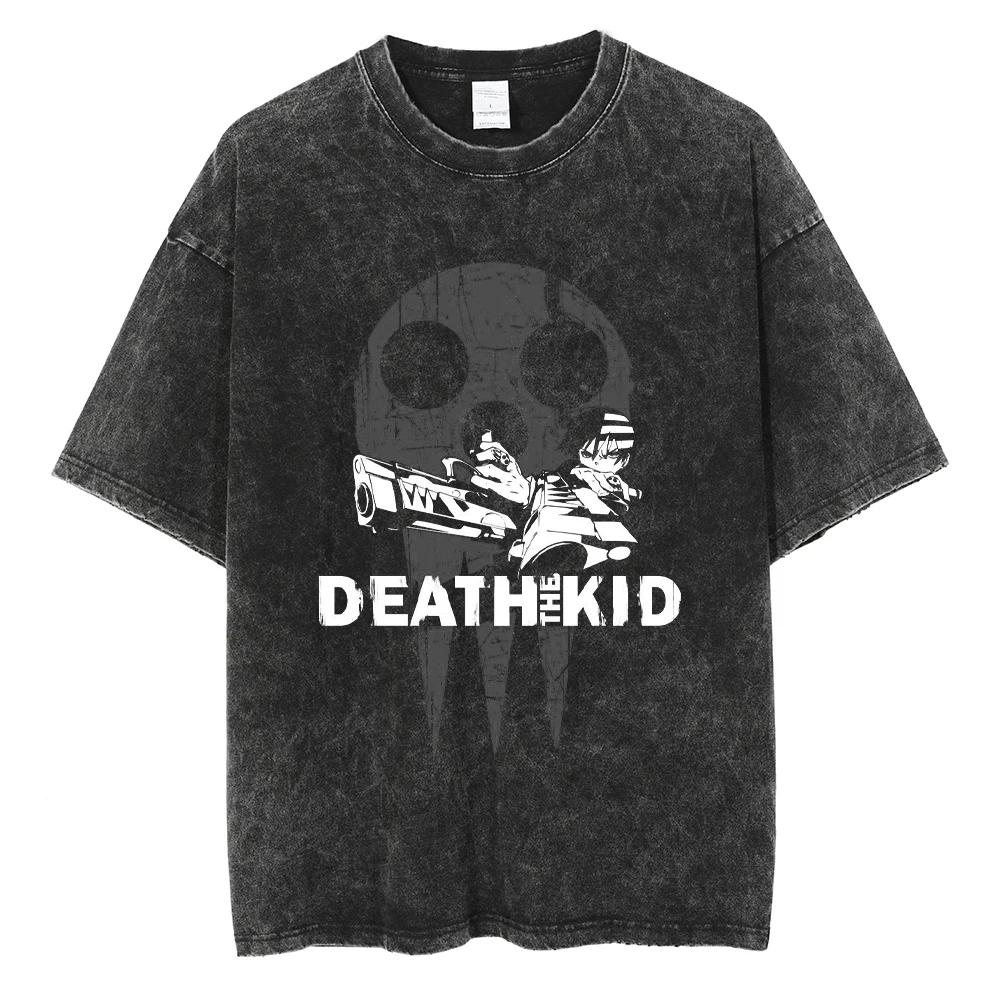 Vintage Washed Soul Eater Manga Death the Kid Graphic T-shirt Men Women Printed Tee Summer Casual Fashion Clothing Tops High Quality Streetwear