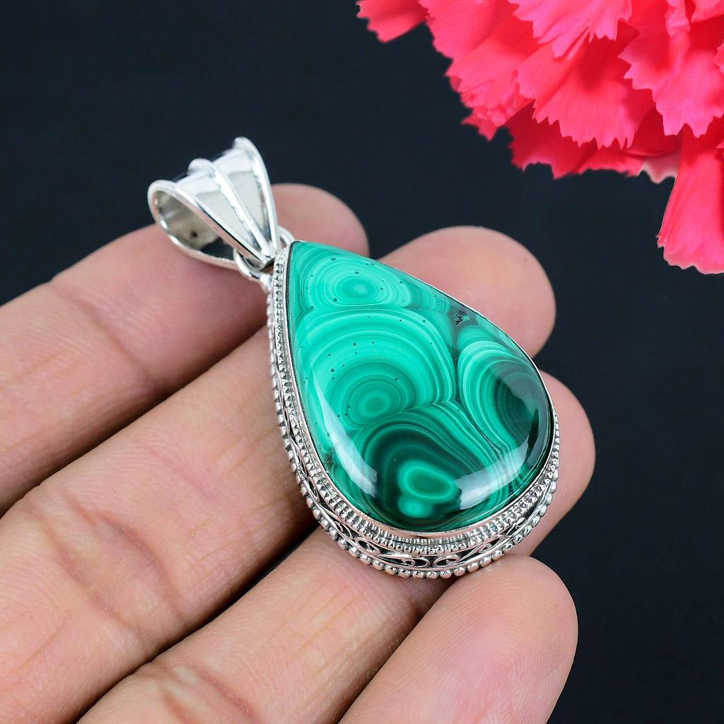 Malachite Gemstone Pendant Solid 925 Sterling Silver Pendant Jewelry Gift For Unisex