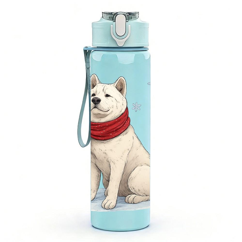 1PC White Dog With Scarf Print 750ml Color Plastic Sports Water Bottle Leakproof Flip Straw Lid Suitable for Sports Office Home Use