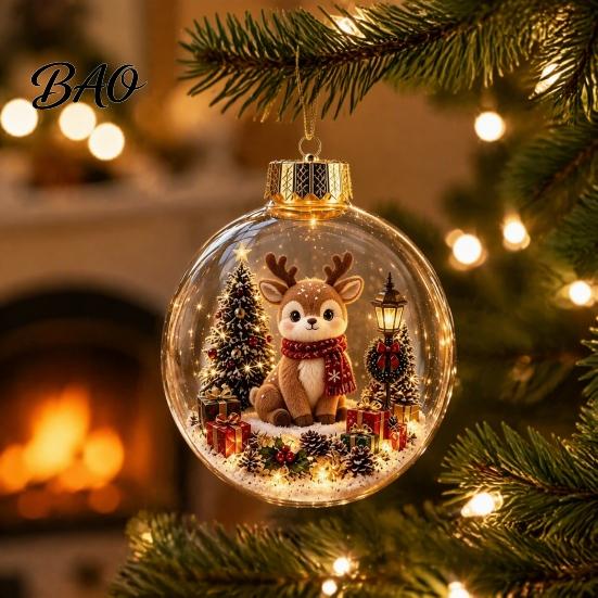 Transparent Holiday Tree Pendants Glowing Christmas Story Ornament, Mini Scene In Ball with Warm LED 3D Acrylic Hanging Baubles Light, Clear