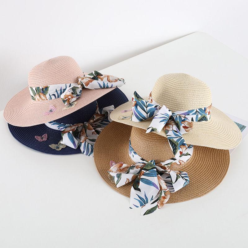 Bohemian Style Sun Protection Straw Hat for Women's Summer Seaside Vacation Bow Shaped Big Brimmed Hat
