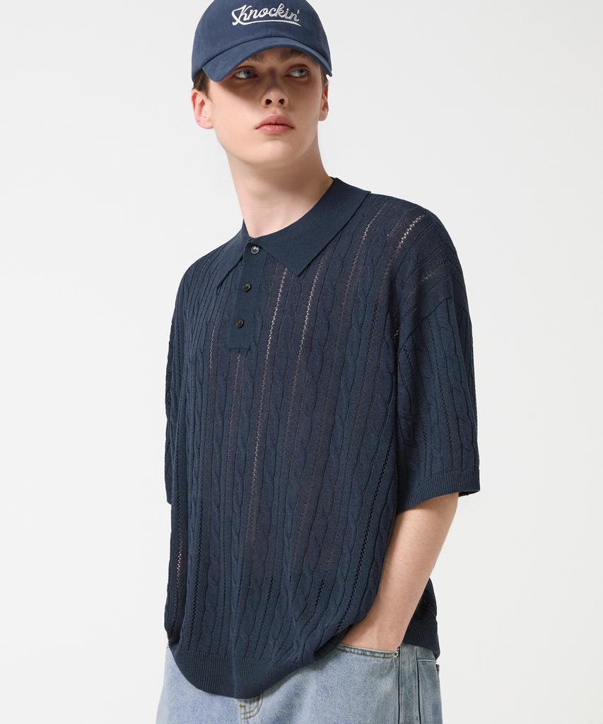 TRILLION Washable Resort Cable Collar Short Sleeve Knit_Navy