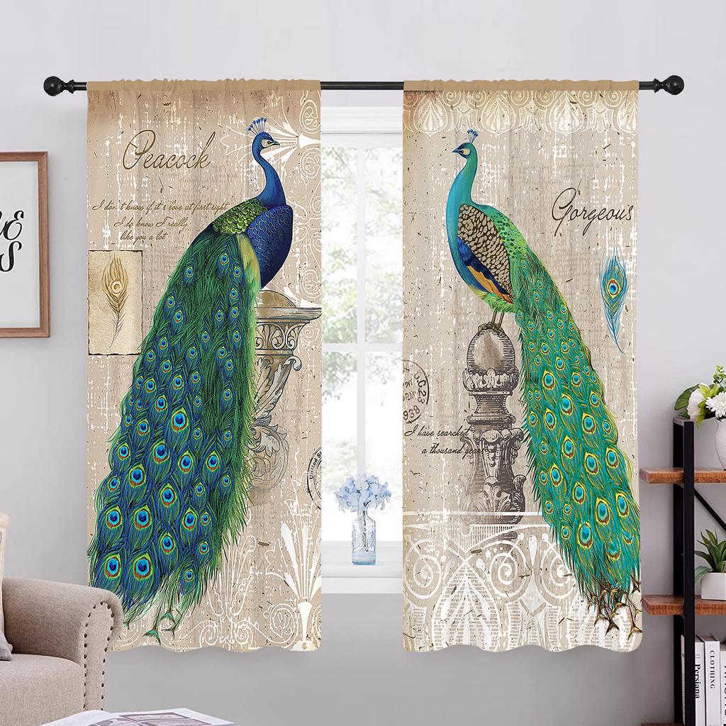 Blue Peacock Including Flower Peafowl Curtains for Living Area Premium Bedchamber Divider Left and Right 2panel